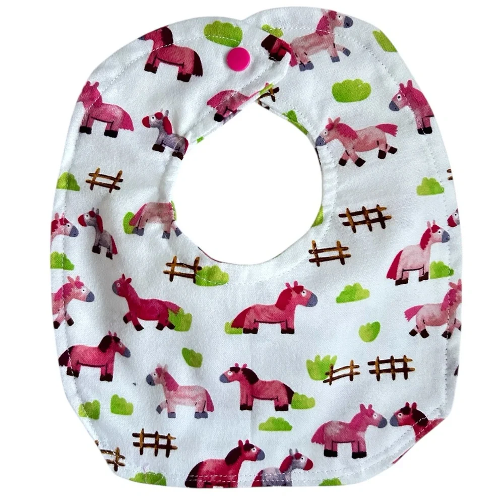 Hand Crafted Newborn Baby Bib and Burp Cloth Gift Set Pink Pony Print